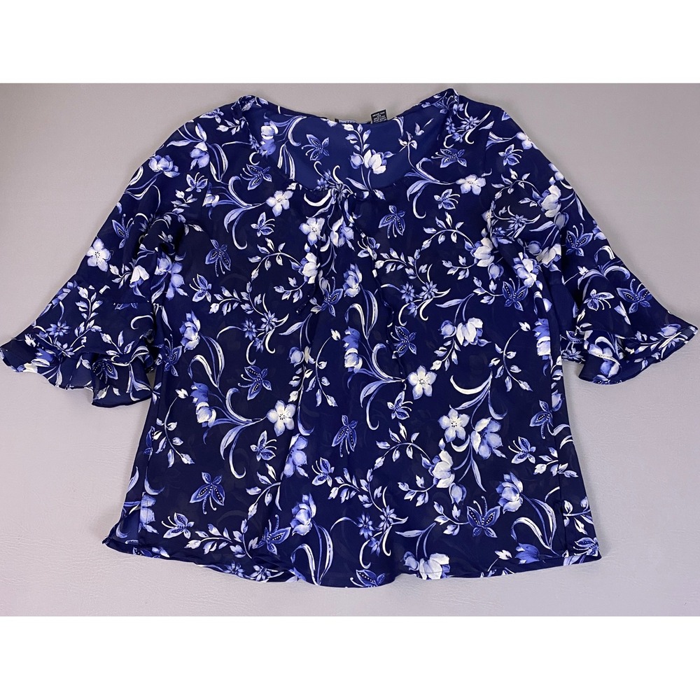 Impressions Blouse Womens 2X Navy Blue Floral Chiffon 3/4 Bell Sleeve Scoop Neck